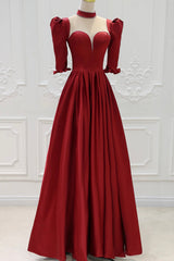 Green Prom Dress, Burgundy Satin High Neck Long Prom Dress, Burgundy A-Line Evening Party Dress