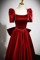 Bridesmaids Dress Styles, Burgundy Satin Long Prom Dress, A-Line Evening Dress with Bow