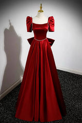 Bridesmaid Dresse Styles, Burgundy Satin Long Prom Dress, A-Line Evening Dress with Bow