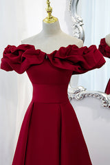 Wedding Color Schemes, Burgundy Satin Long Prom Dress, A-Line Off Shoulder Evening Party Dress