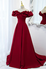 Bridal Shower Games, Burgundy Satin Long Prom Dress, A-Line Off Shoulder Evening Party Dress