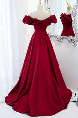 Bridesmaid Dresses Mismatched Winter, Burgundy Satin Long Prom Dress, A-Line Off Shoulder Evening Party Dress