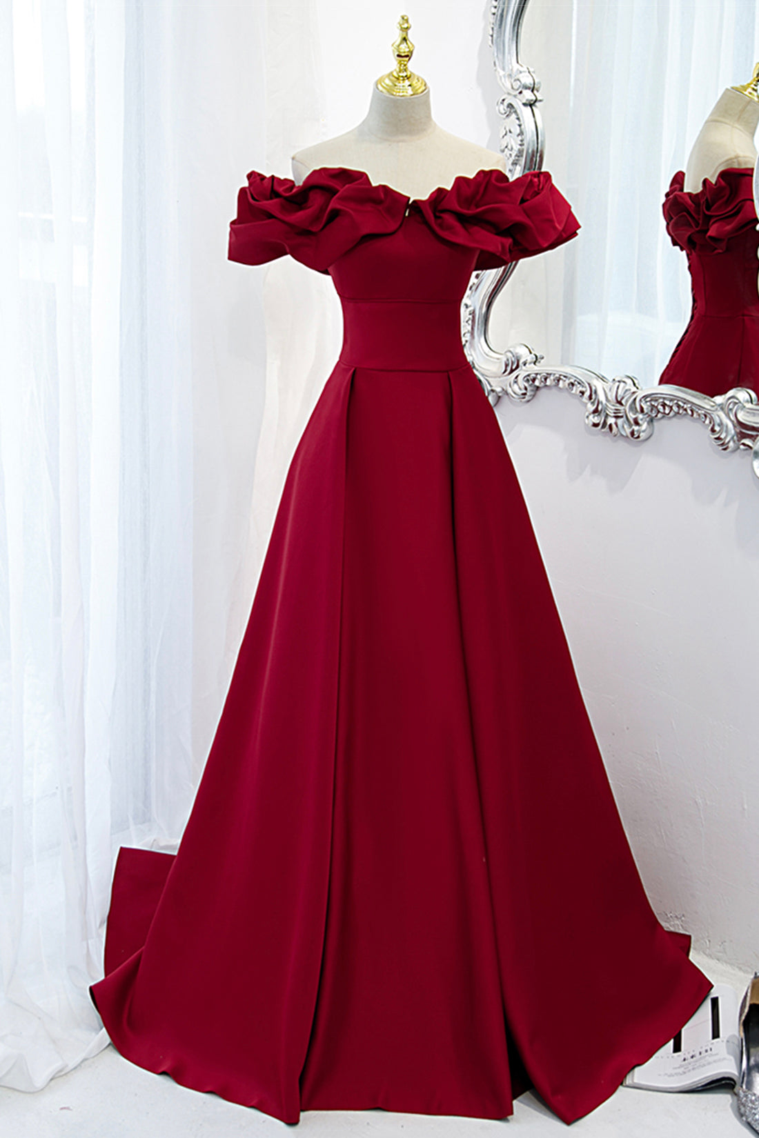 Winter Wedding, Burgundy Satin Long Prom Dress, A-Line Off Shoulder Evening Party Dress