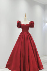 Party Dresses Long Dress, Burgundy Satin Long Prom Dress, A-Line Short Sleeve Evening Dress