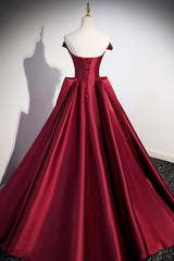 Prom Dress Glitter, Burgundy Satin Long Prom Dress, Burgundy A-Line Evening Dress