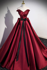 Prom Dress Long With Slit, Burgundy Satin Long Prom Dress, Burgundy A-Line Evening Dress