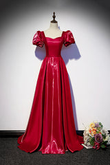 Bridesmaid Dress White, Burgundy Satin Long Prom Dress, Simple A-Line Evening Dress