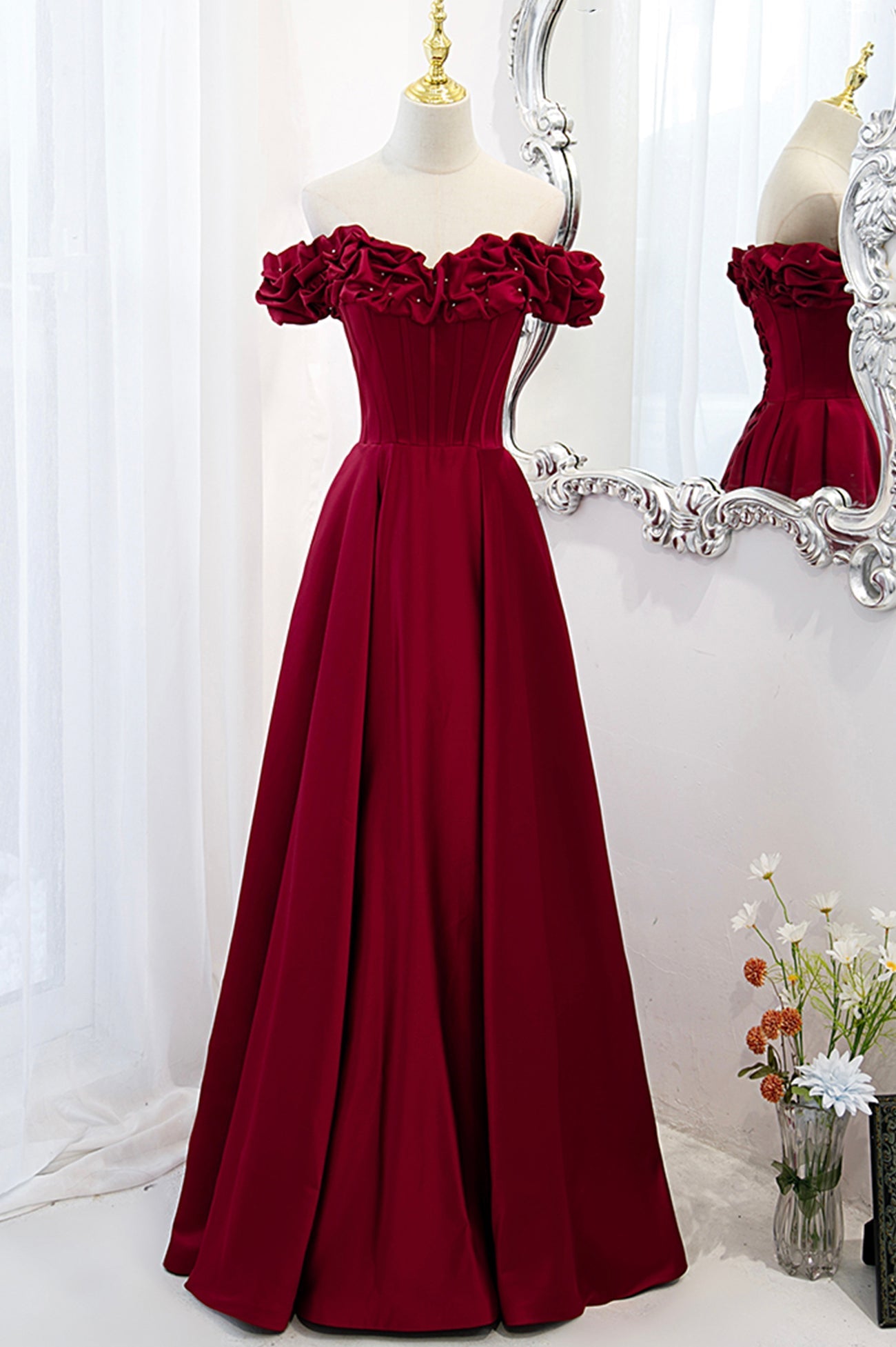 Prom Dresses Boutique, Burgundy Satin Off the Shoulder Beaded Long Formal Dress, Burgundy A-Line Prom Dress