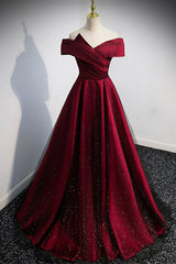 Prom Dress Online, Burgundy Satin Off the Shoulder Prom Dress, A-Line Evening Graduation Dress