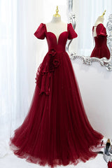 Prom Dresses Champagne, Burgundy Satin Tulle Long Prom Dress, A-Line Short Sleeve Evening Party Dress