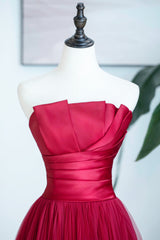 Party Dress Shop, Burgundy Satin Tulle Long Prom Dress, A-Line Strapless Evening Dress