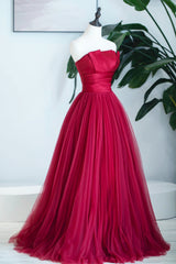 Party Dress Shops, Burgundy Satin Tulle Long Prom Dress, A-Line Strapless Evening Dress