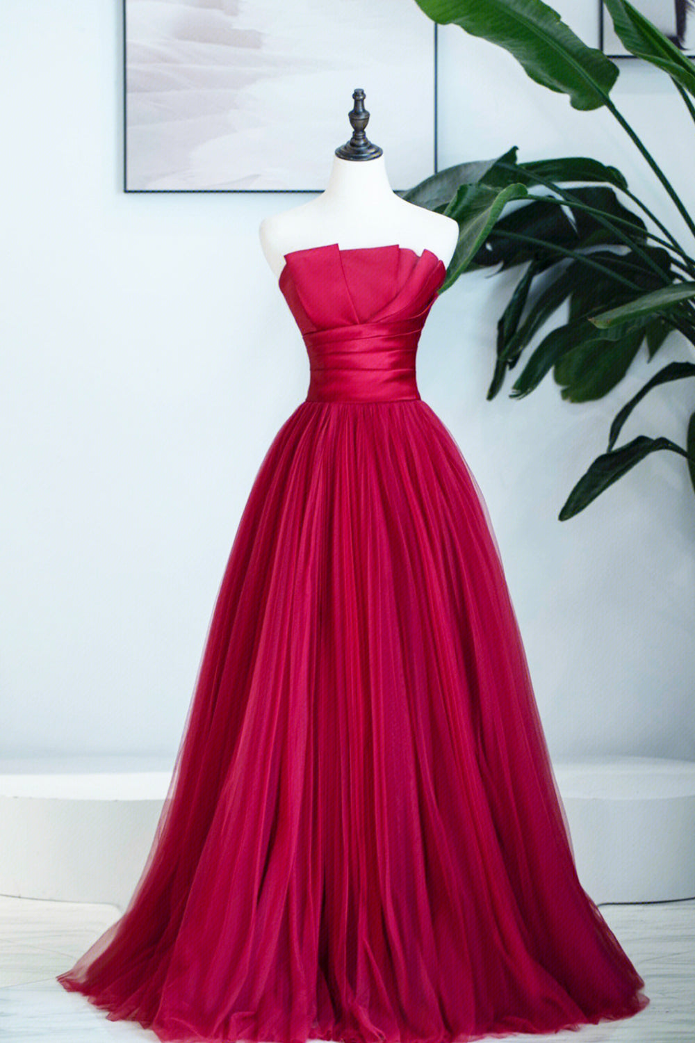 Party Dress Shopping, Burgundy Satin Tulle Long Prom Dress, A-Line Strapless Evening Dress