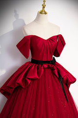 Braids, Burgundy Satin Tulle Long Prom Dress, Off Shoulder Evening Dress