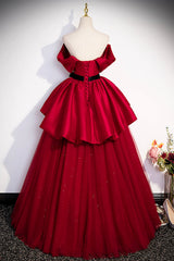 Bridesmaid Dresses Strapless, Burgundy Satin Tulle Long Prom Dress, Off Shoulder Evening Dress