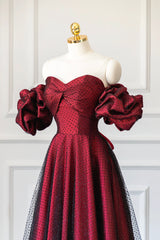 Wedding, Burgundy Satin Tulle Long Prom Dress, Off Shoulder Evening Party Dress