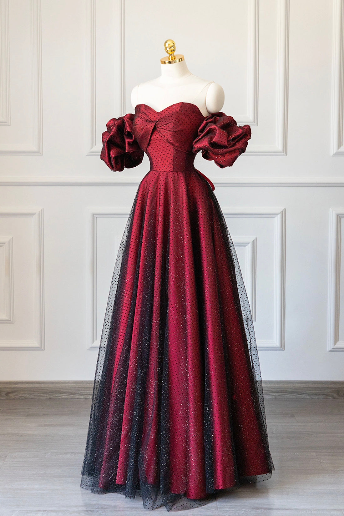 Bridesmaids Dresses Red, Burgundy Satin Tulle Long Prom Dress, Off Shoulder Evening Party Dress