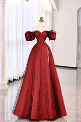 Prom Dress With Sleeve, Burgundy Satin Tulle Long Prom Dress, Off the Shoulder Evening Party Dress
