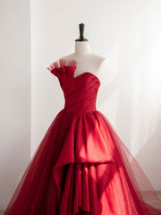 Evening Gown, Burgundy Satin Tulle Long Prom Dresses, Burgundy Formal Evening Dresses