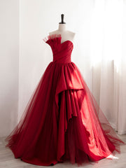 Blue Prom Dress, Burgundy Satin Tulle Long Prom Dresses, Burgundy Formal Evening Dresses