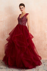 Prom Dresses 2050 Fashion Outfit, Burgundy Sleeveless Aline Puffy Tulle Prom Dresses with Sequins