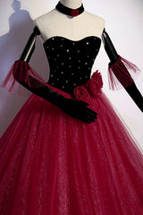 Formal Dress Australia, Burgundy Strapless Tulle Long Prom Dress, A-Line Evening Party Dress