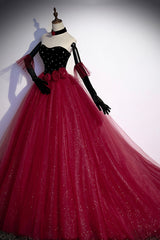 Formal Dress Boutique, Burgundy Strapless Tulle Long Prom Dress, A-Line Evening Party Dress