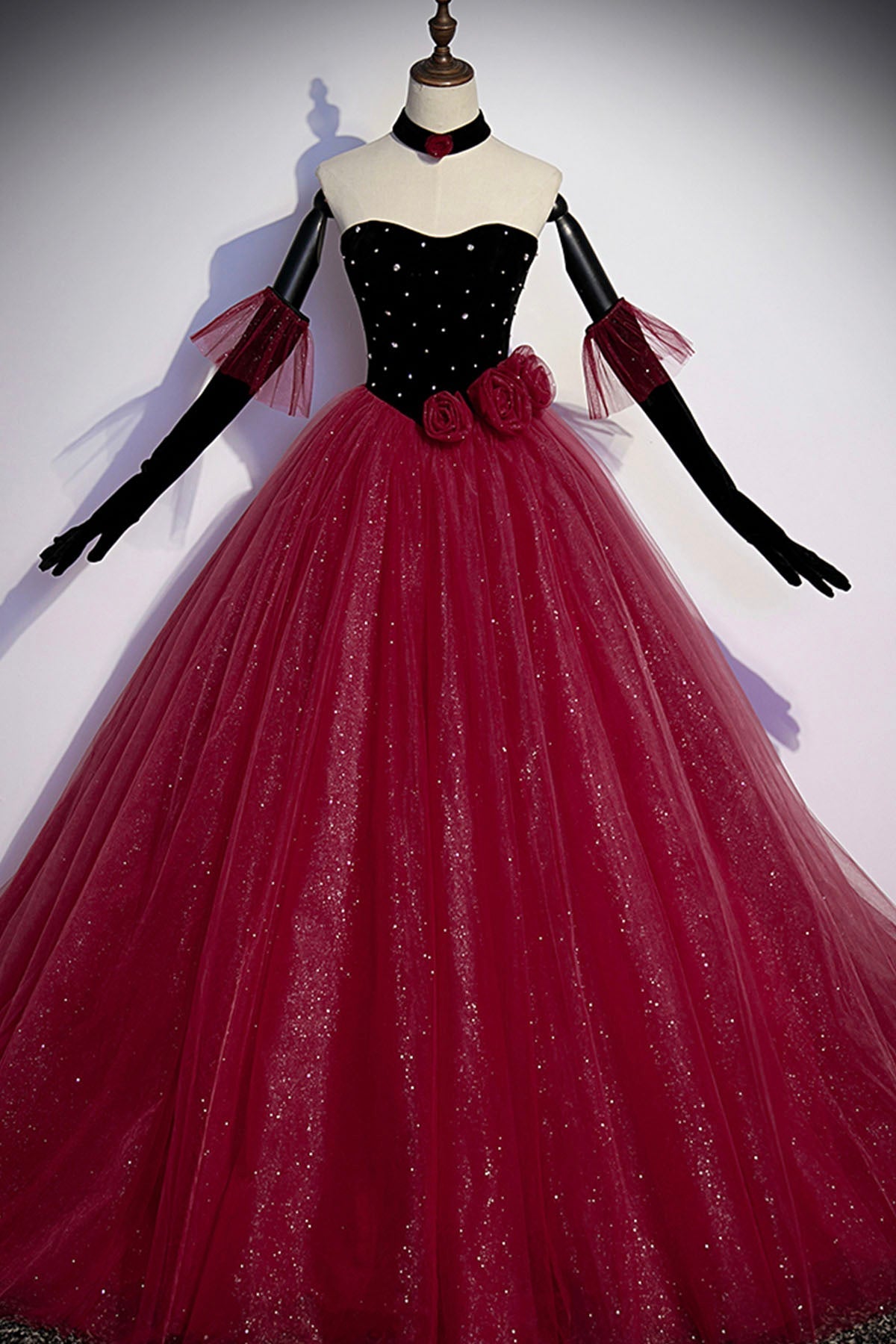 Formal Dress Party Wear, Burgundy Strapless Tulle Long Prom Dress, A-Line Evening Party Dress