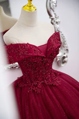 Long Sleeve Prom Dress, Burgundy Sweet 16 Formal Gown with Lace, Off the Shoulder Prom Dress Party Dress