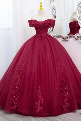 Slip Dress Outfit, Burgundy Sweet 16 Formal Gown with Lace, Off the Shoulder Prom Dress Party Dress