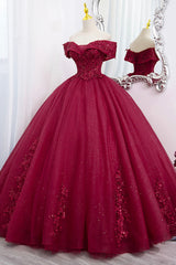 Aesthetic Dress, Burgundy Sweet 16 Formal Gown with Lace, Off the Shoulder Prom Dress Party Dress
