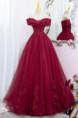 Black Formal Dress, Burgundy Sweet 16 Formal Gown with Lace, Off the Shoulder Prom Dress Party Dress