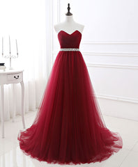 Princess Prom Dress, Burgundy Sweet Neck Tulle Long Prom Gown, Burgundy Evening Dress