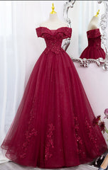 Evenning Dresses Long, Burgundy Sweetheart Flowers Sequins Lace Party Dress, Long Formal Dress Prom Dress