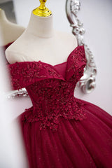 Evening Dress Cheap, Burgundy Sweetheart Flowers Sequins Lace Party Dress, Long Formal Dress Prom Dress