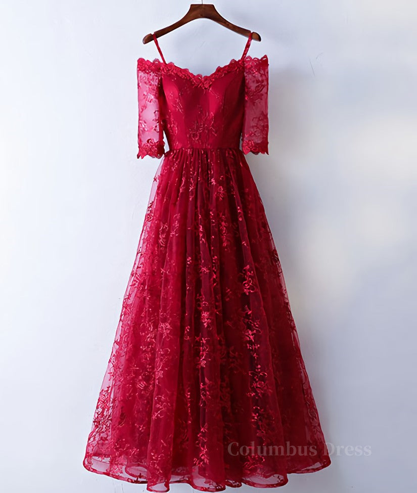 Evening Dresses Black, Burgundy sweetheart lace long prom dress, burgundy evening dress