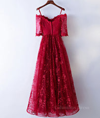 Evening Dress Prom, Burgundy sweetheart lace long prom dress, burgundy evening dress