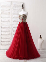 Bridesmaids Dress Burgundy, Burgundy Sweetheart Neck Lace Applique Tulle Long Prom Dresses