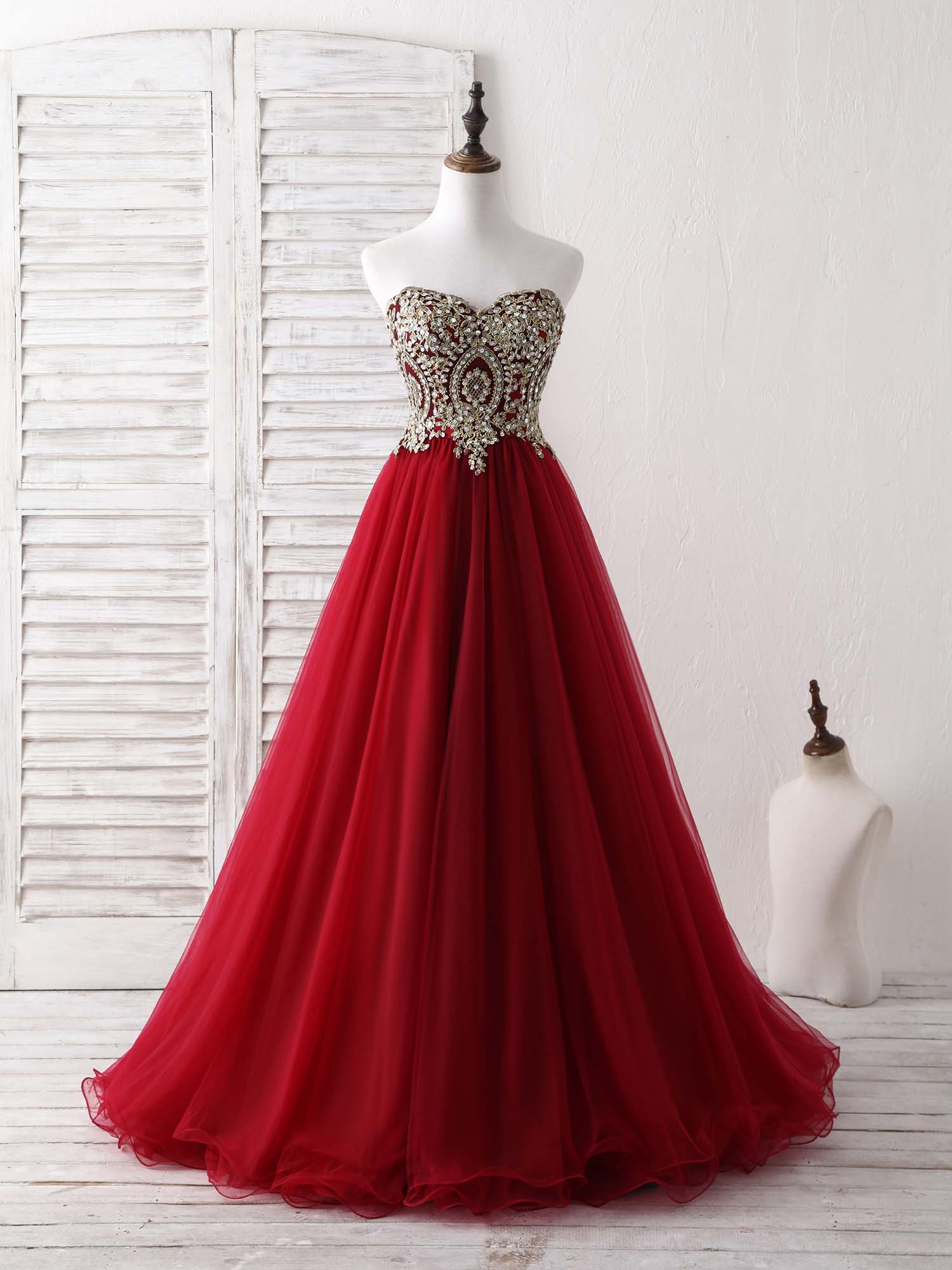 Bridesmaids Dresses Burgundy, Burgundy Sweetheart Neck Lace Applique Tulle Long Prom Dresses