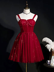Ball Dress, Burgundy Sweetheart Neck Tulle Sequin Short Prom Dress, Puffy Cute Homecoming  Dresses