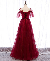 Homecoming Dresses Blues, Burgundy Sweetheart Tulle Lace Long Prom Dress Burgundy Formal Dress