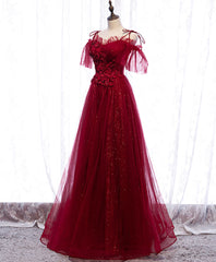 Homecomming Dresses Red, Burgundy Sweetheart Tulle Lace Long Prom Dress Burgundy Formal Dress