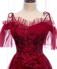 Homecomeing Dresses Red, Burgundy Sweetheart Tulle Lace Long Prom Dress Burgundy Formal Dress