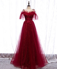 Homecoming Dress Blue, Burgundy Sweetheart Tulle Lace Long Prom Dress Burgundy Formal Dress