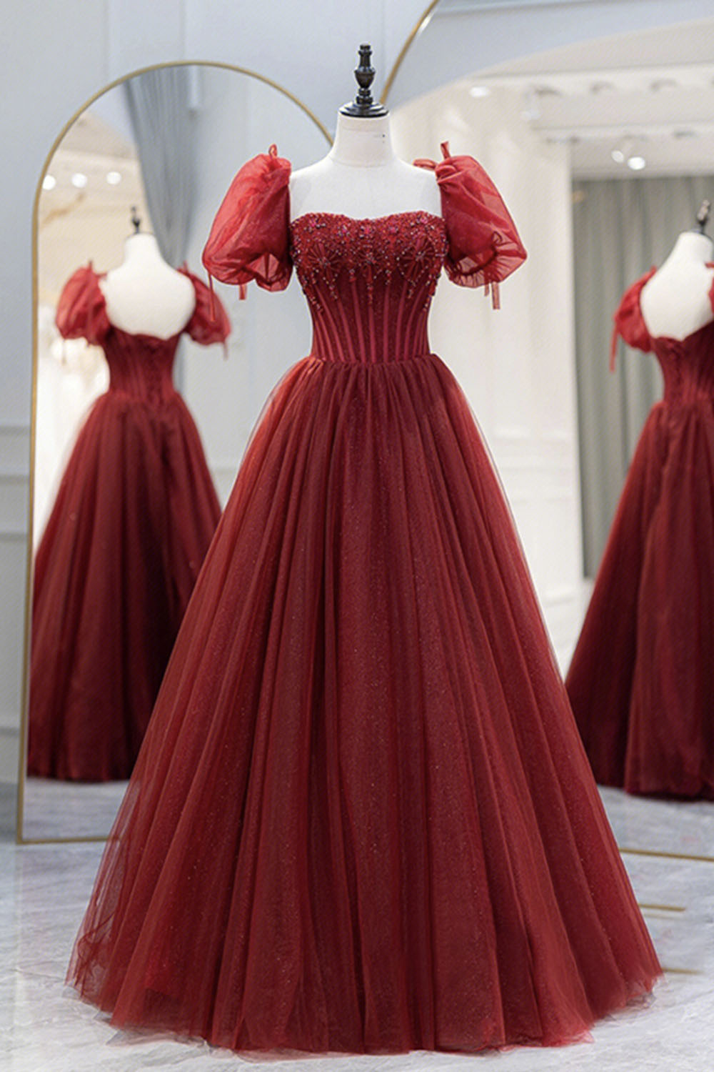 Party Dress Ball, Burgundy Tulle Beaded Long Prom Dress, A-Line Short Sleeve Formal Dress