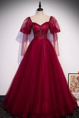 Bridesmaid Dressing Gowns, Burgundy Tulle Beaded Long Sleeve Prom Dress, A-Line Evening Graduation Dress