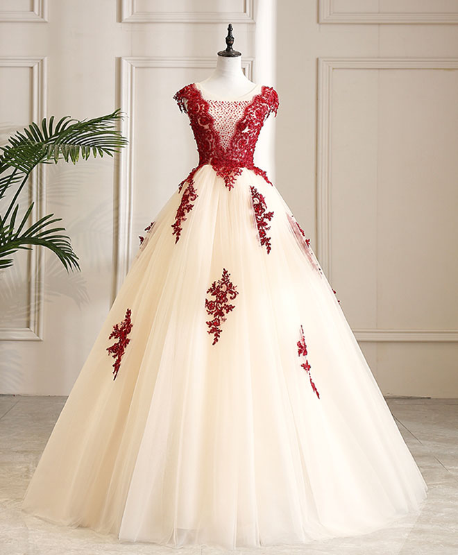 Prom Dresses Floral, Burgundy Tulle Beads Lace Long Prom Dress Sweet 16 Dress