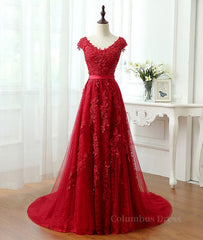 Evening Dresses Long Elegant, Burgundy tulle lace applique long prom dress, burgundy evening dress