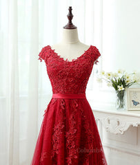 Evening Dress V Neck, Burgundy tulle lace applique long prom dress, burgundy evening dress