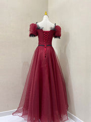 Formal Dresses Over 51, Burgundy Tulle Lace Long Prom Dress, Burgundy Evening Dress